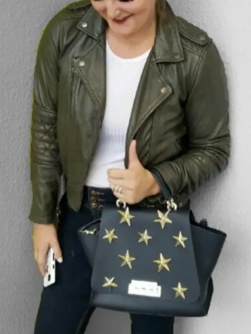 Nicole Miller Olive Green Leather Moto Jacket rent the runway size medium